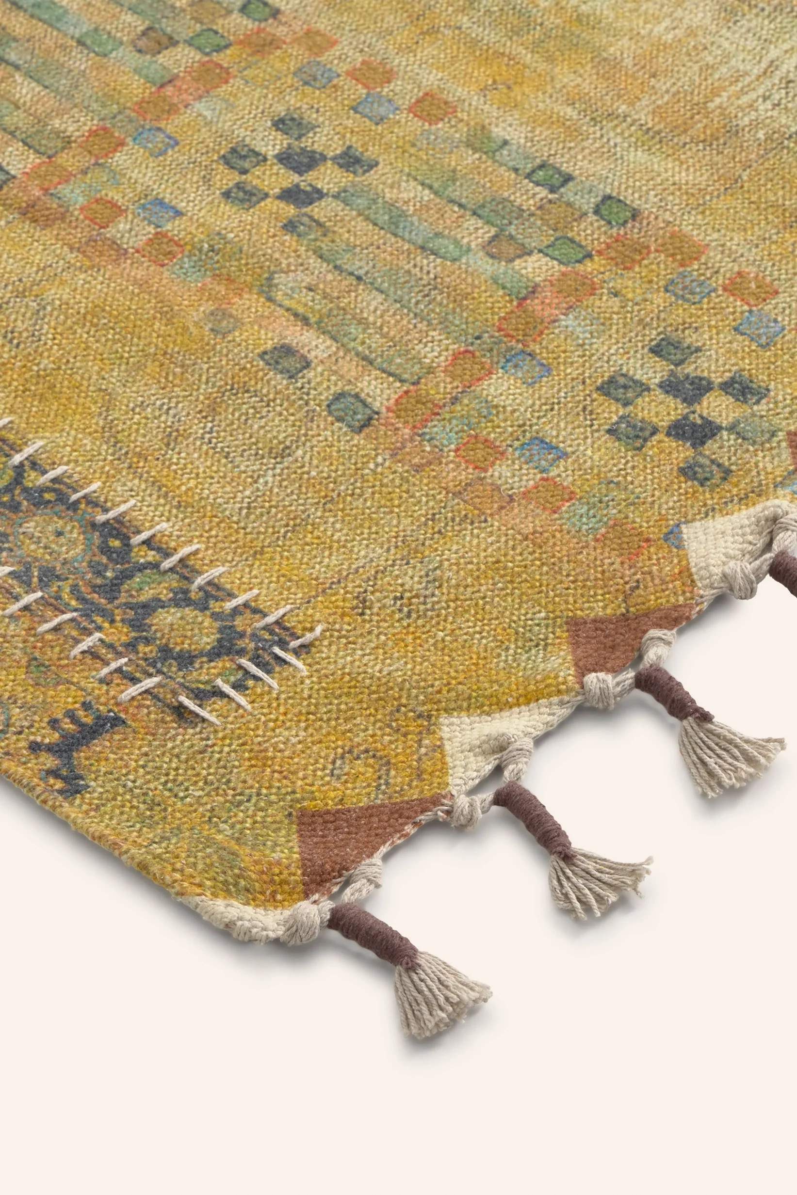 Alfombra de dhurrie en patchwork mostaza Dinka - Image 16