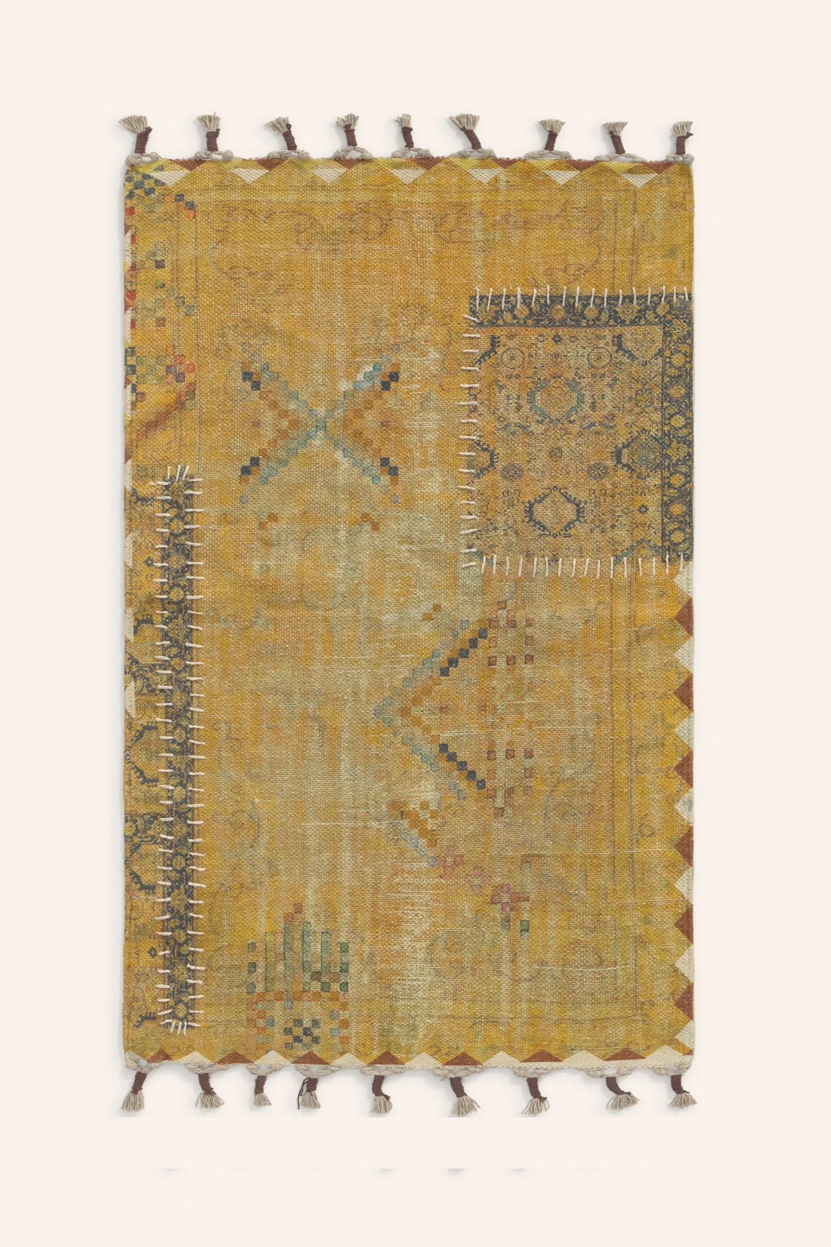 Alfombra de dhurrie en patchwork mostaza Dinka - Image 7
